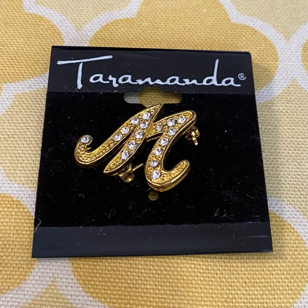 Gold M Initial Brooch with Rhinestones NWT